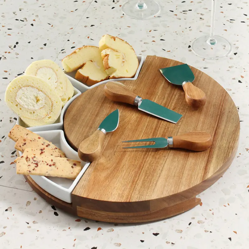 Plato de madera redondo de lujo para queso, juego de mesa con cubierta para picar y servir queso redondo, Moderno