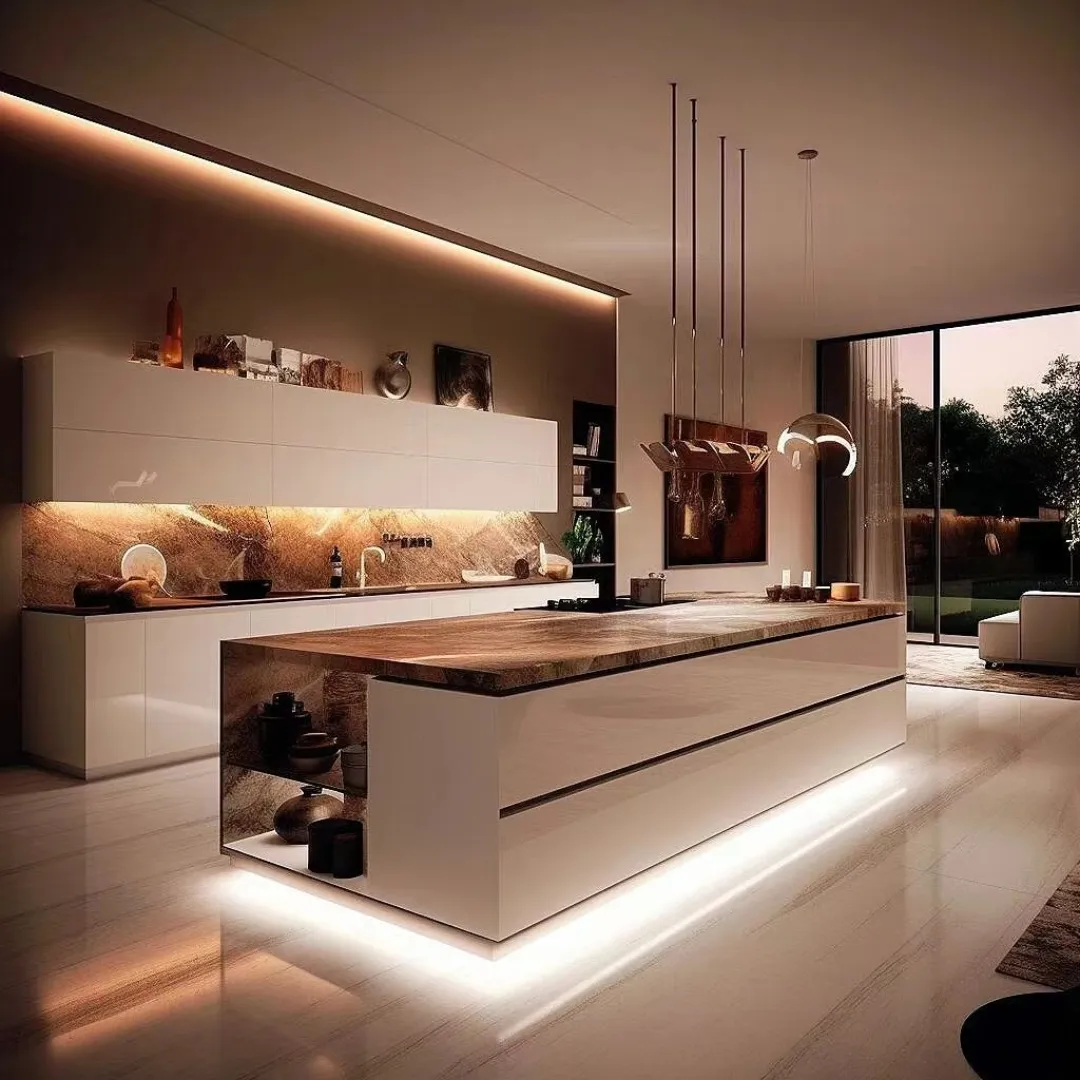 Fabbrica Design personalizzato pronto per assemblare armadi da cucina isola truciolare carcassa mobili da cucina con luce a strisce LED