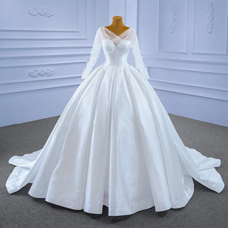 QUEENSGOWN luxury high quality criss-cross bodice long sleeve soft tulle voile satin and silk ivory bridal evening ball gown