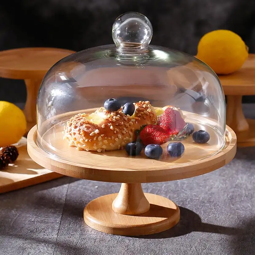 Plateau à gâteaux assiette à pain dessert, assiette à fruits en bambou naturel 1 pièce, couvercle en verre transparent créatif assiette à pain, présentoir de table à dessert