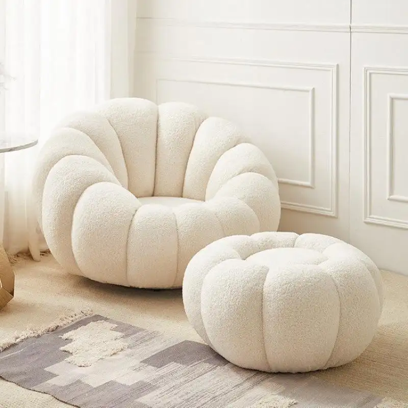 Venta directa de fábrica Color personalizado Boucle Fleece tela giratoria ocio calabaza sofá sillas conjunto con reposapiés