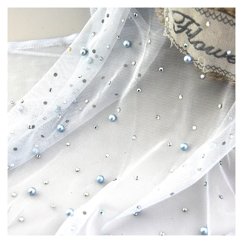 Tela de encaje de malla de tul con cuentas de lujo para boda, con diamantes de perlas