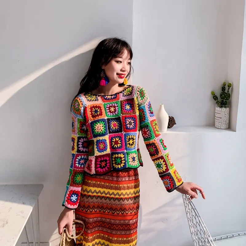 2021 sonbahar ve kış yeni meksika el yapımı tığ işi içi boş kazak ulusal stil renk pamuk Joker ceket etnik tığ kazak
