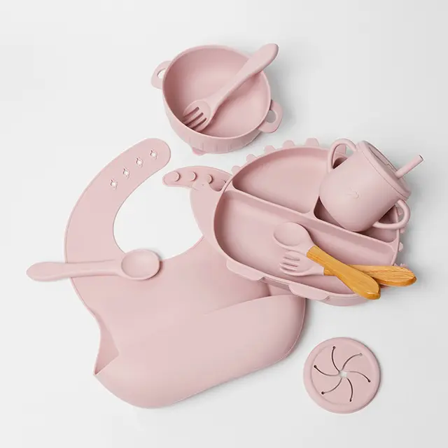 ES-Pro 9-Pack de utensilios de alimentación de bebé con forma de dinosaurio personalizados al por mayor de silicona bebé cuchara tenedor conjunto con chupete muestra gratis
