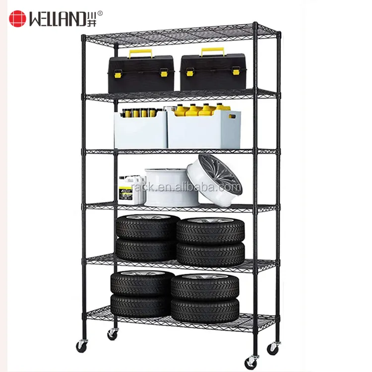 Hafif ev mobilya 6 tel raf tekerlekler ile ayarlanabilir Metal çelik garaj rafları depolama raf raf, siyah/krom