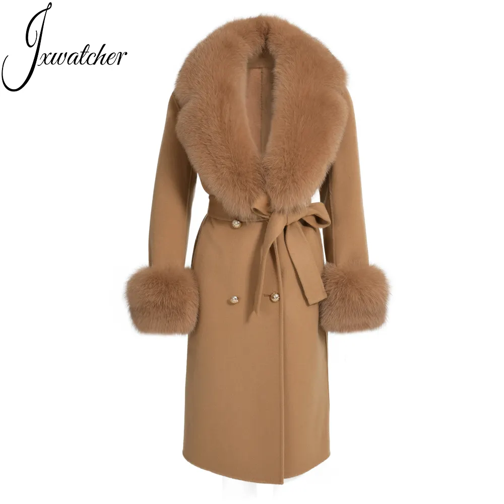 Abrigo de Cachemira de doble capa para mujer, de lujo, con cuello de piel de zorro grande, puños de lana personalizados, para invierno