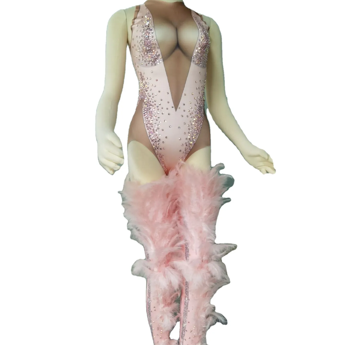 Sexy aderente elasticizzato piume rosa pagliaccetti strass One Piece Lady tuta abiti da festa Performance Wear Costume da palcoscenico da donna