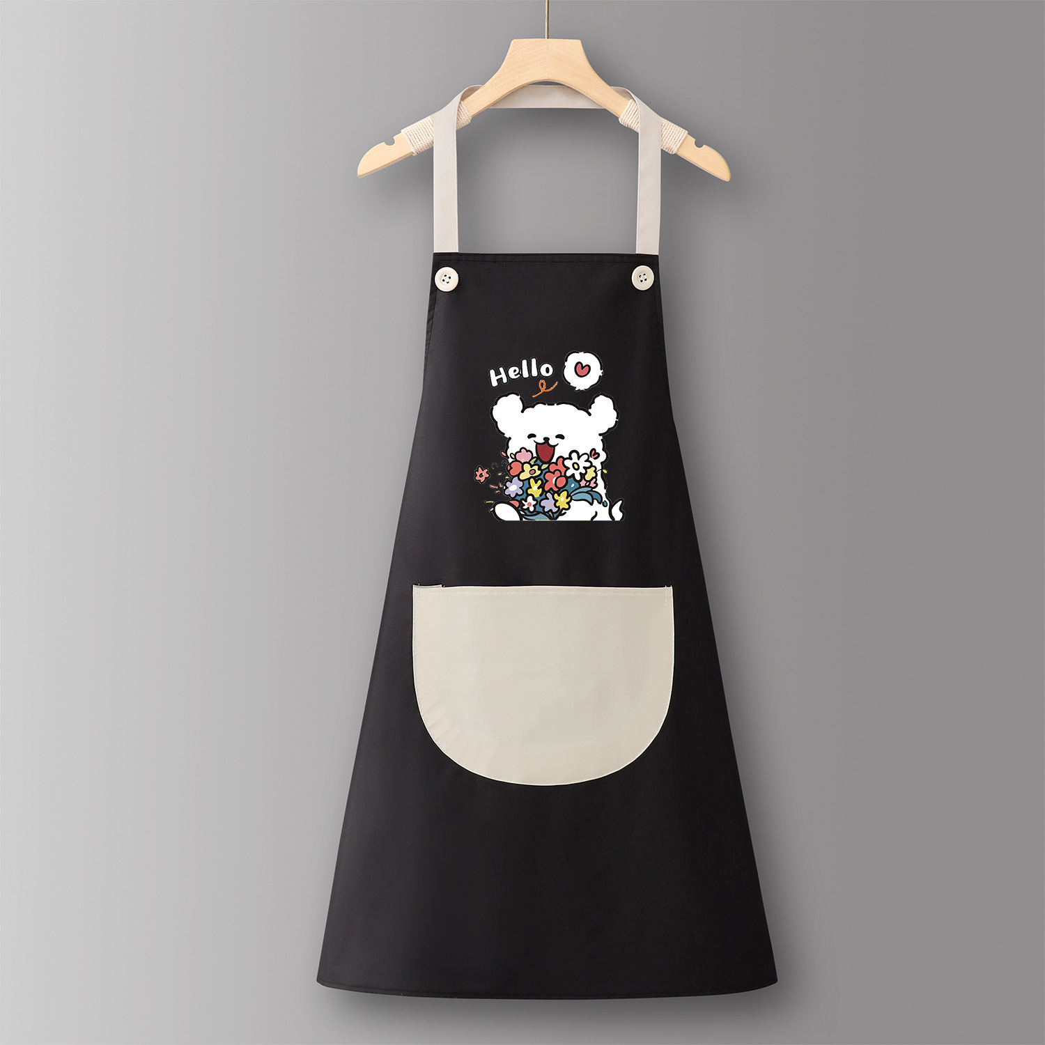 Oso de peluche con ramo halter impermeable, estilo ordinario en negro y gris.