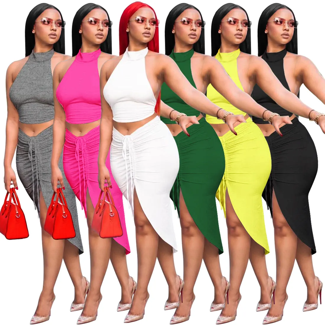 New Arrival Summer Crop Top Women Dress Bodycon Solid Sexy Elegant Drawstring Party Two Piece Set Midi Dress