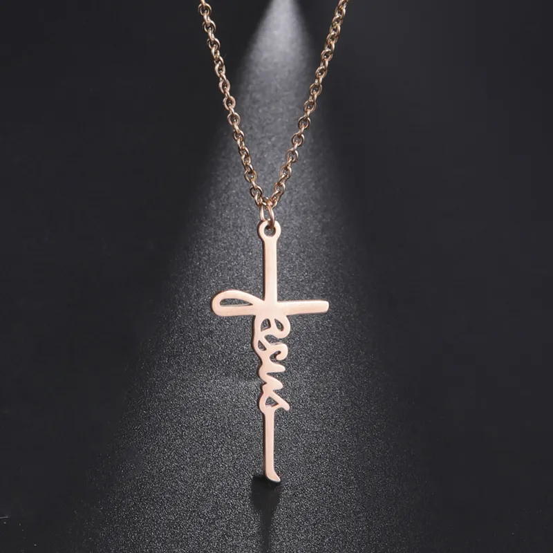 สแตนเลส18K Gold Plated Jesus Cross Christ สร้อยคอชาย Dainty Cross Faith Strength จี้สร้อยคอหวัง Cross จี้