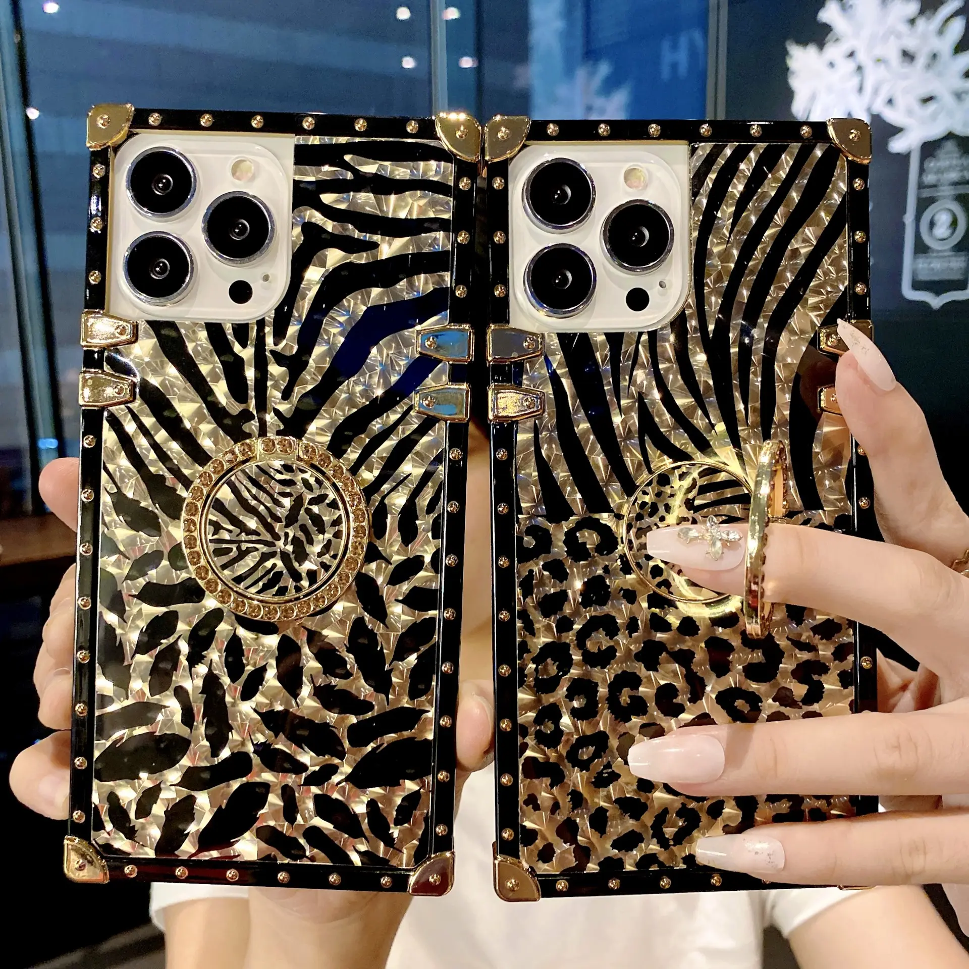 Funda de teléfono cuadrada de lujo de alta calidad, con soporte de anillo, opción de impresión de leopardo, cubierta trasera de teléfono móvil a la moda para iPhone