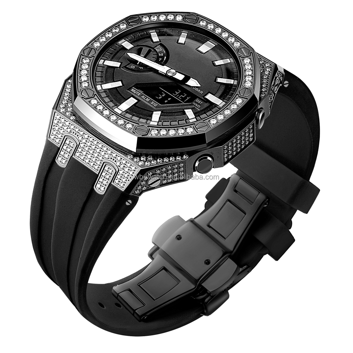 Diamond Set Black Ring +Black Case + Black Strap