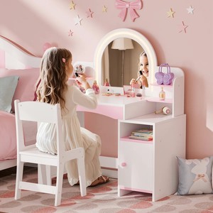ホワイトカラーLEDドレッシングテーブル収納棚とキャビネット付き子供用女の子ミラーとスツール付き子供用バニティセット - Product Image 5