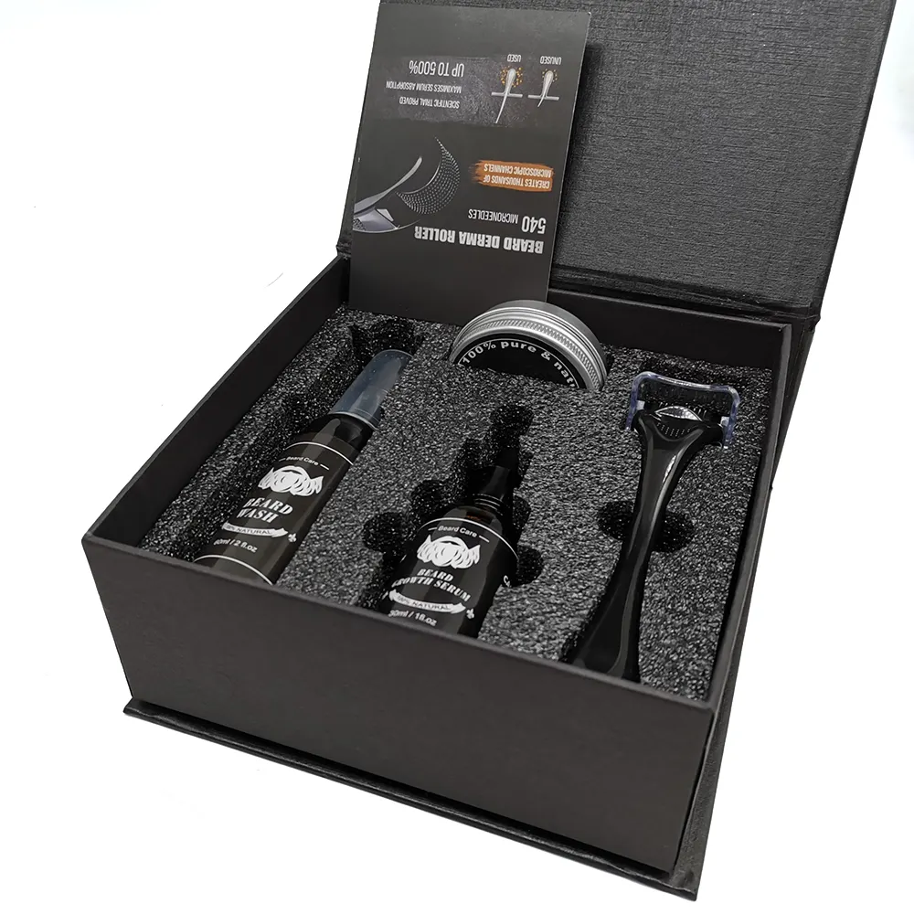 Benutzer definierte Private Herren Label Natural Titanium Roller Srpay Rasiermesser Kamm Set Balsam Oi Haar Bart Pflege Pinsel Pflege Wachstum Kit für Männer