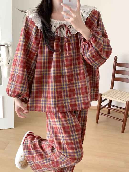 Red Nightgown Vintage Lace Trim Collar Plaid Pajamas Long-sleeved Sweet Nightdress Cute Princess Wind Sleepwear
