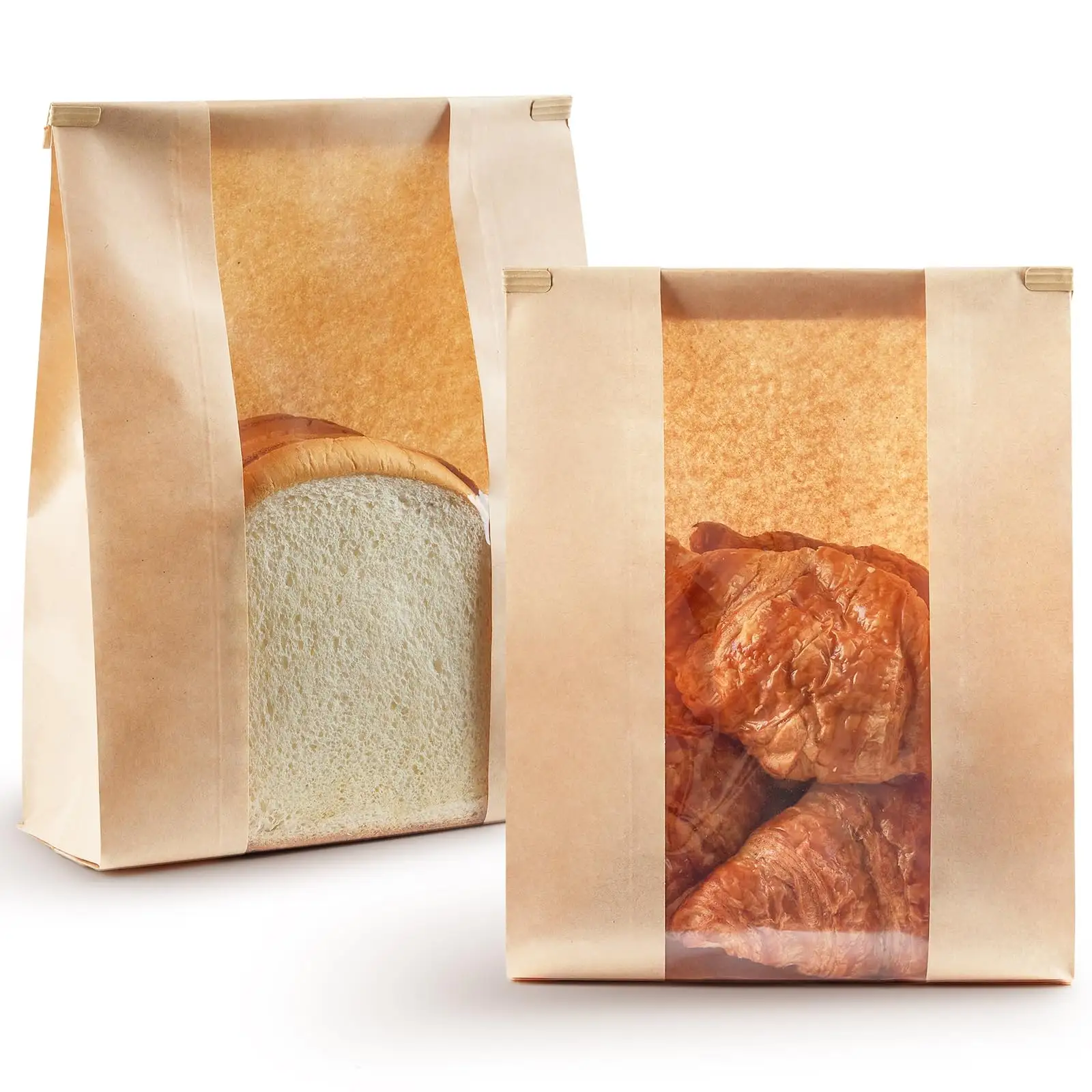 Il pane di carta personalizzato sta sulla borsa d'imballaggio con la finestra trasparente