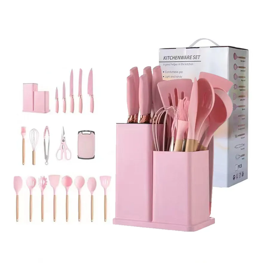 Conjunto Colher De Utensílios De Cozinha Rosa Conjunto De Faca De Cozinha De Aço Inoxidável Conjunto De Utensílios De Cozinha De Cozinha De Silicone Com Suporte