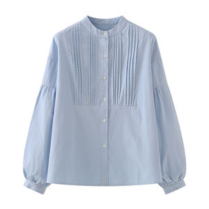 Áo sơ mi cotton cổ đứng màu xanh kiểu vintage dành cho nữ, tay bồng xếp ly kiểu Pháp cổ điển, dáng rộng - Product Image 2