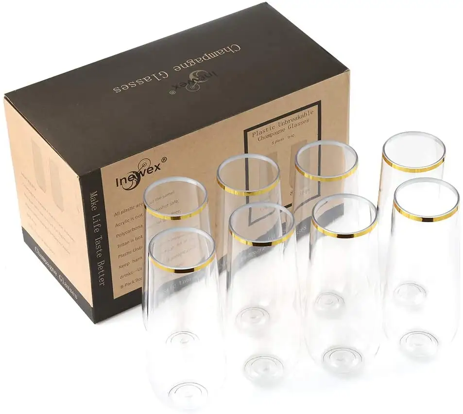 24 Pack 12Oz Pet Clear Stemless Champagne Fluiten Plastic Stemless Wijnglas Met Rose Gouden Rand/Gouden Rand onbreekbaar