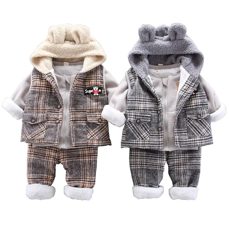 सर्दियों लड़कों प्लस मखमल मोटी Sweatshirt के तीन-टुकड़ा सूट 1-4 साल फैशन बच्चे बच्चों के कपड़े सेट