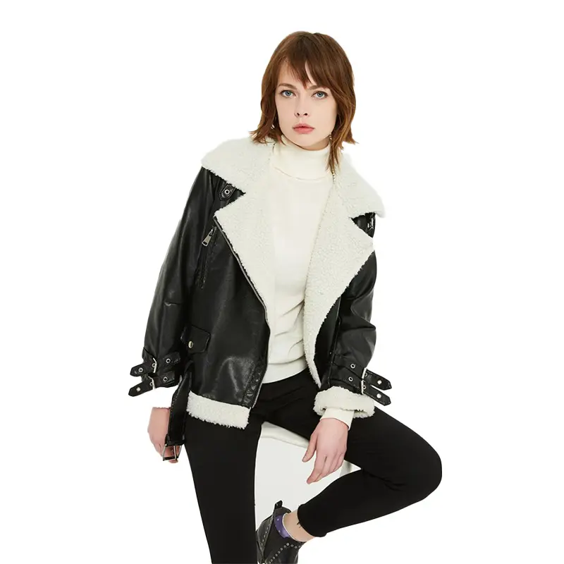 Winter wear new women's leather coat lamb wool thickened biker jacket leather coat