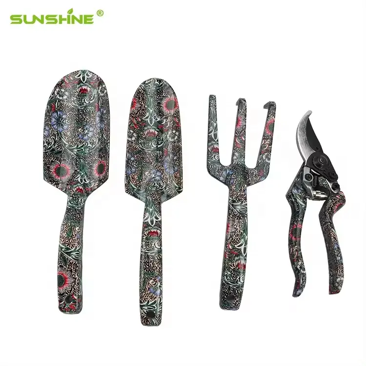 SUNSHINE Kit d'outils à main en aluminium robuste Ensemble d'outils de jardinage à imprimé floral Cadeaux de jardinage Sécateur Râteau à main Pelle