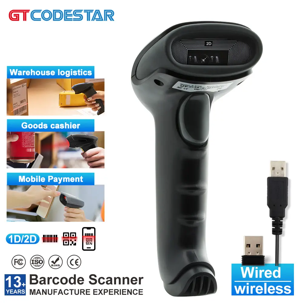 GTCODESTAR Escáner USB de mano Lector QR de código de barras láser Inalámbrico Bluetooth 1D 2D Escáner de código de barras para almacén logístico