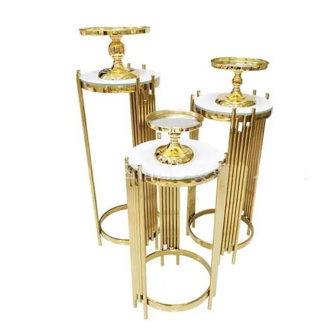Mesa de tartas elegante de lujo, soporte brillante de Metal para bodas, precio de fábrica más barato, venta al por mayor