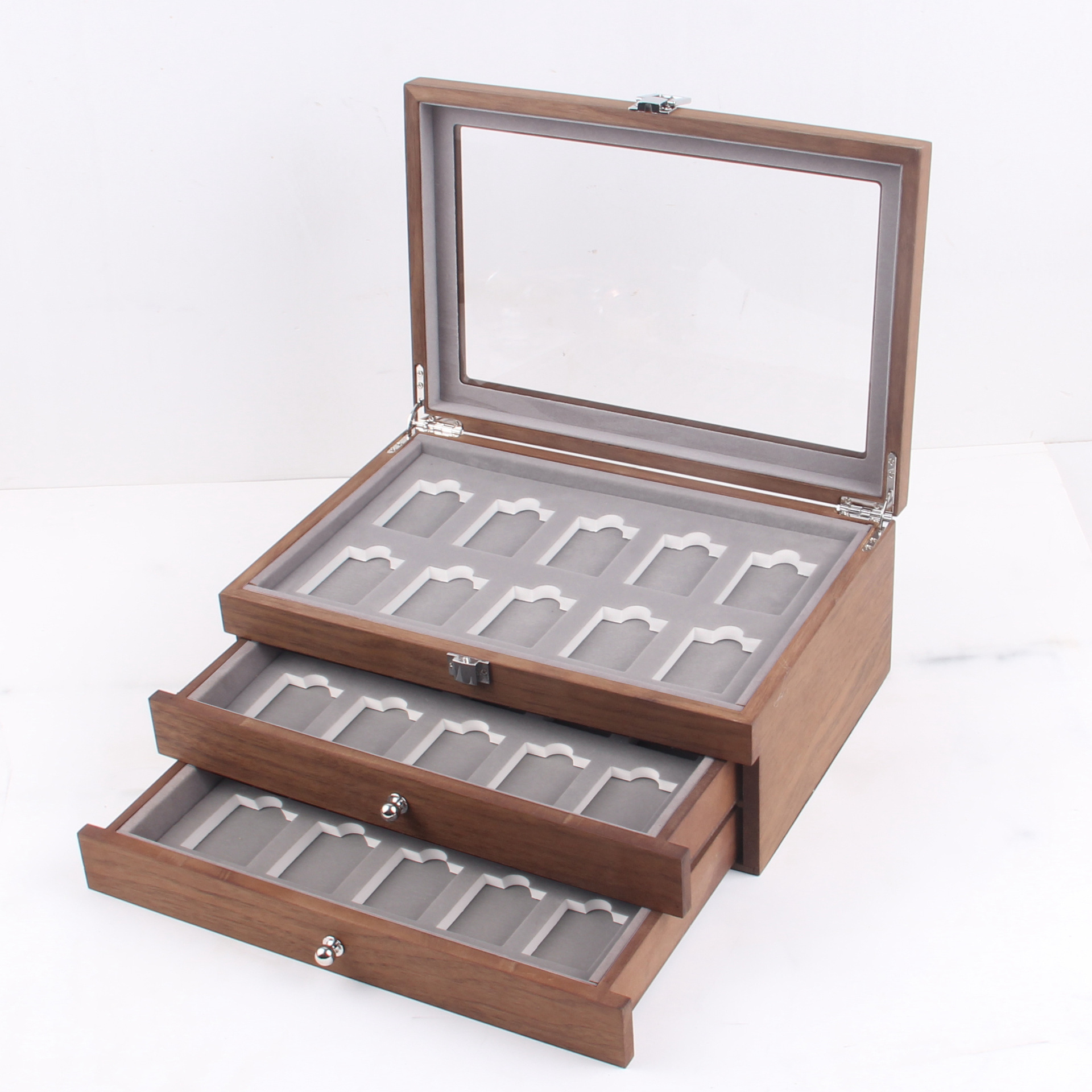 Boîte de rangement briquet 30-grid noyer noir/intérieur gris