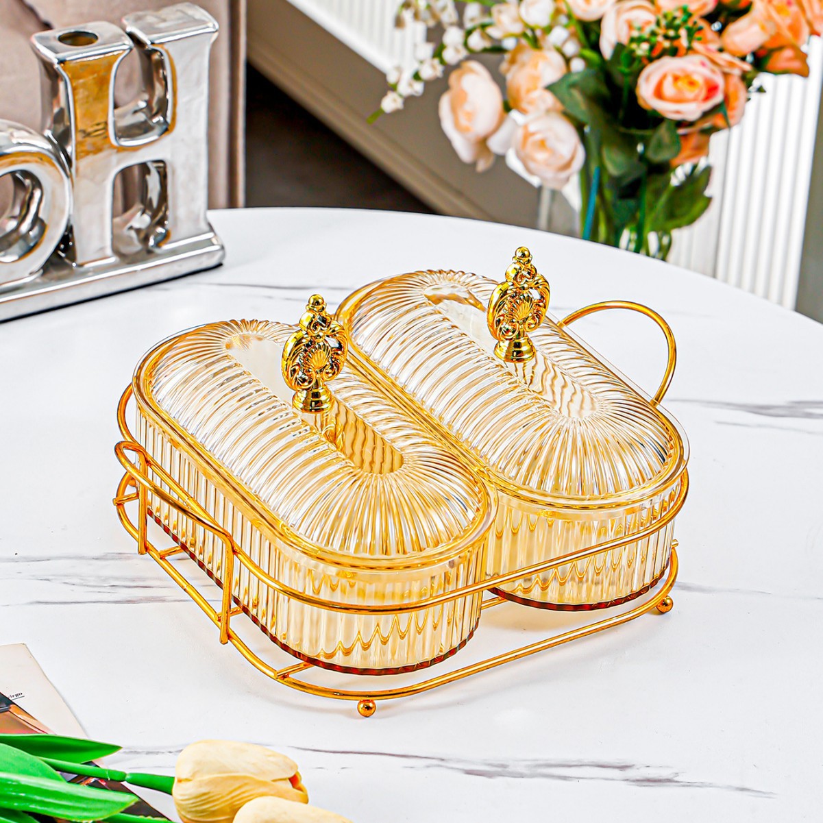 Cadre Fleur Or - Ambre - Grand Plat Ovale - 2 Compartiments