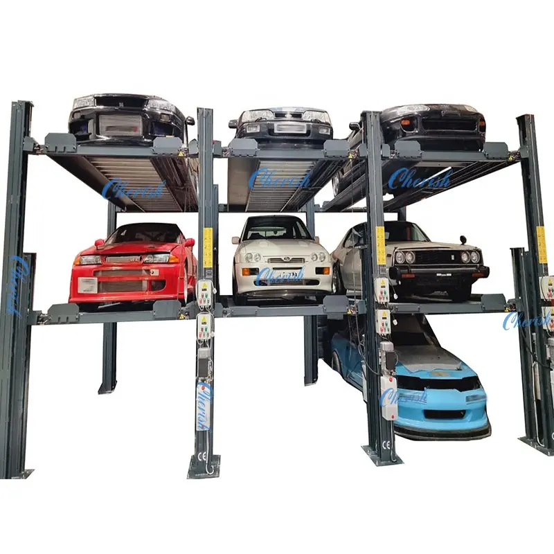 Apilador de almacenamiento de polipasto de vehículo triple de venta de fábrica certificado CE, elevador de estacionamiento de coche de 4 postes y 3 niveles