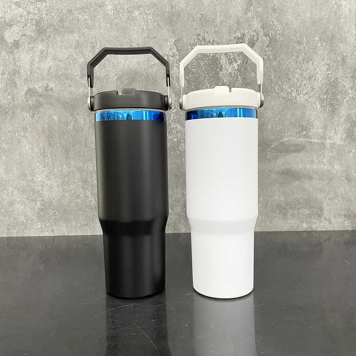 Botella de agua con pajita con tapa recubierta de polvo, con asa para grabado con láser, 30oz, azul