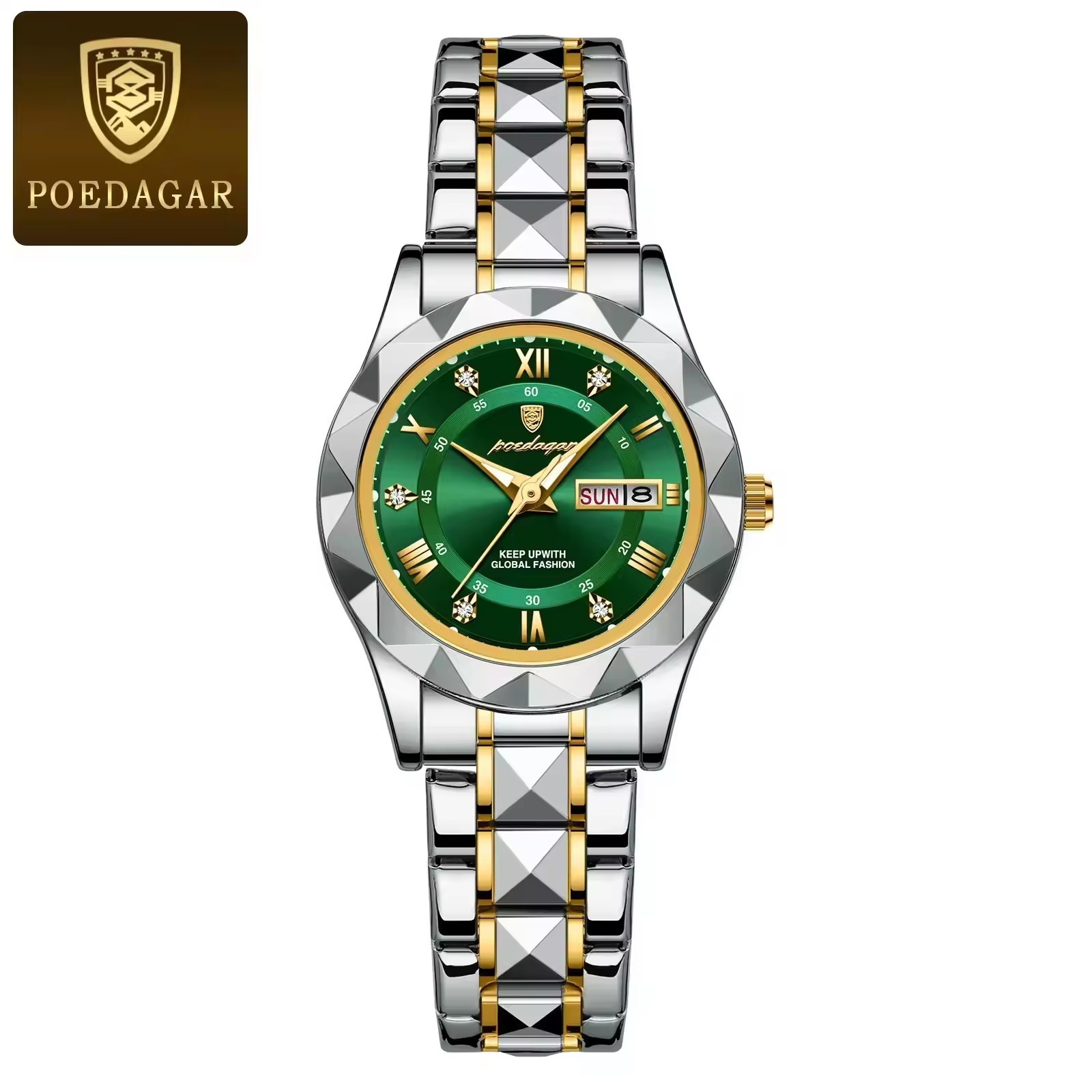green dial silver gold strap