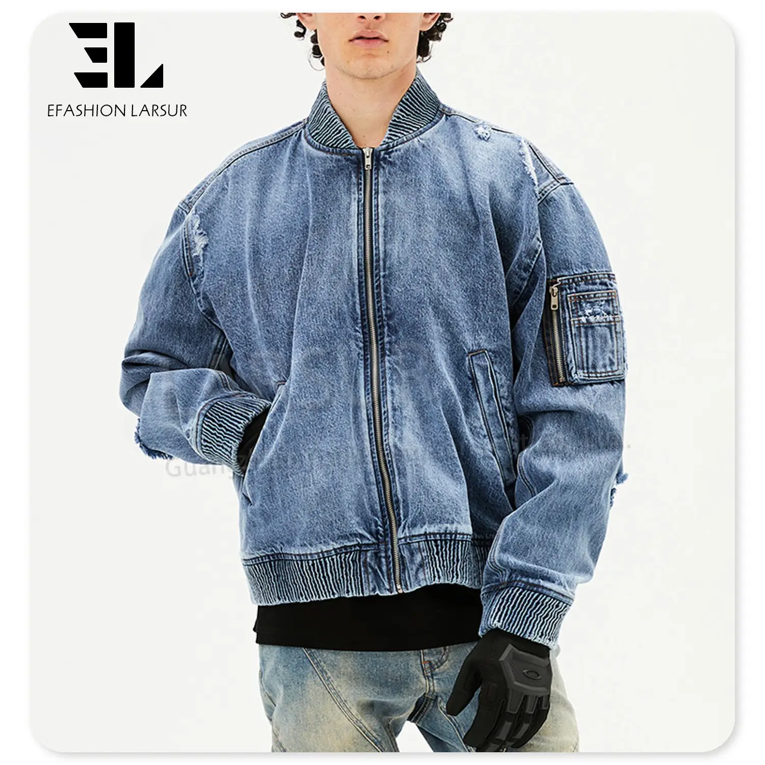 LARSUR Custom clothing manufacturer distress wash bomber denim flight jacket short biker racing motorcycle denim jean jacket men