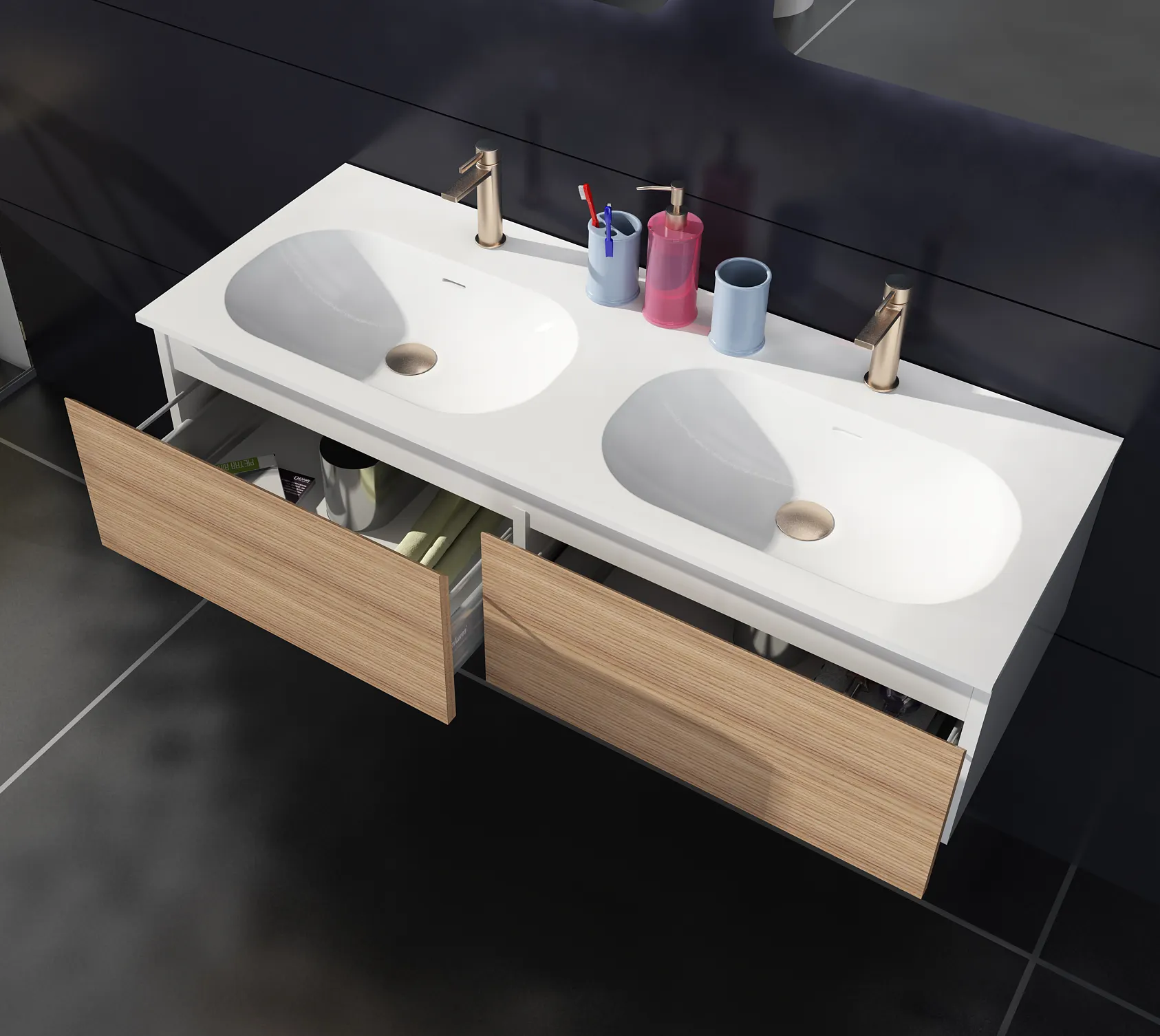 Schlussverkauf maßgeschneidert solide Oberfläche modernes Badezimmermöbel Doppelwaschbecken Waschbecken Wandhängendes Waschbecken