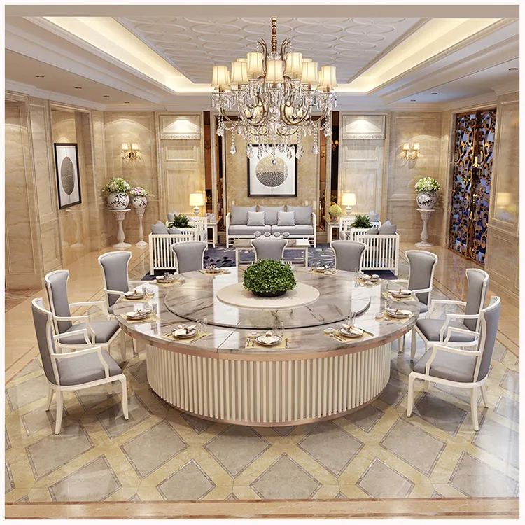 Table de luxe ronde en marbre naturel, grande taille, plateau à manger automatique, de luxe, pour hôtel, Restaurant, Banquet
