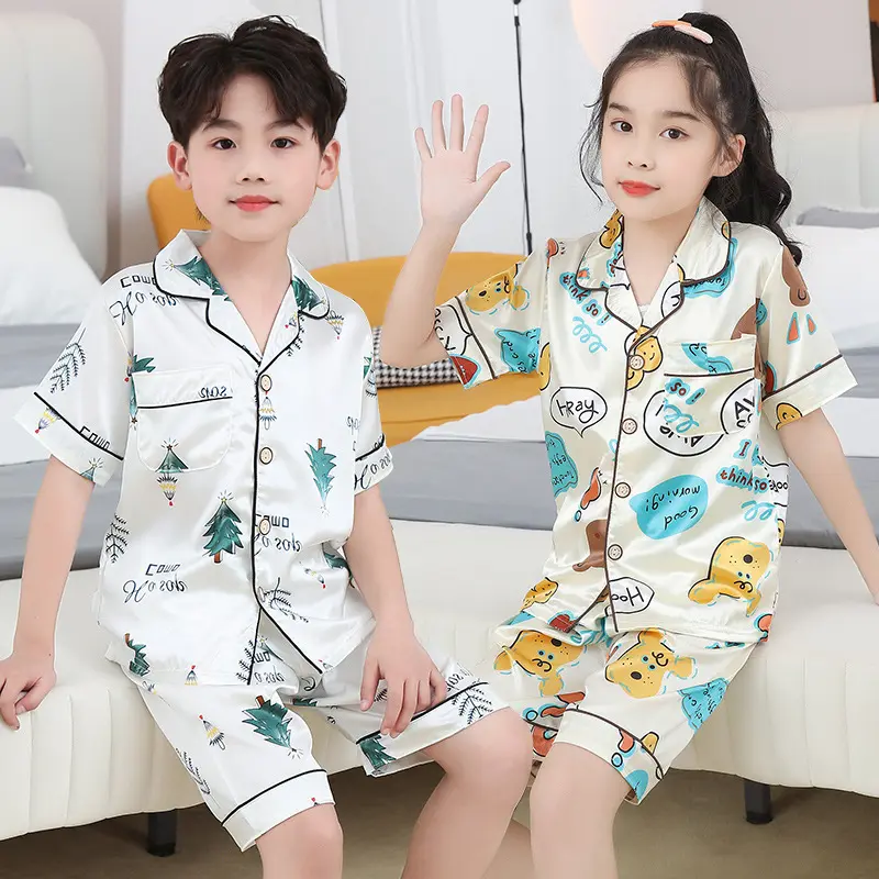 Ensemble de vêtements pour enfants, Short à manches courtes, vêtements pour bébé garçon, ensembles de vêtements de nuit d'été en tissu Satin, pyjama unisexe 2 pièces