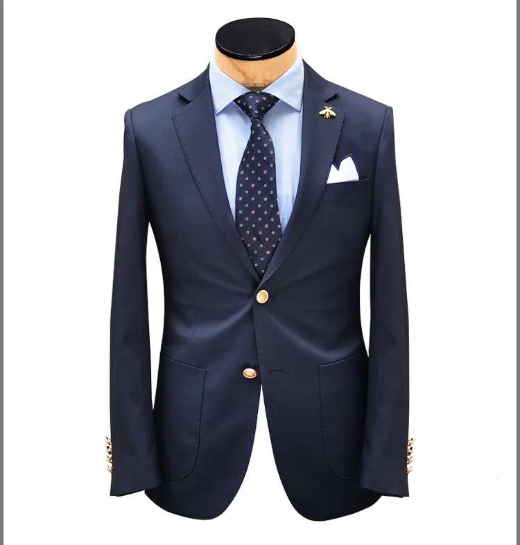 Klasik lacivert Blazer tek göğüslü slim-fit üniforma erkek yün tek parça takım elbise rahat