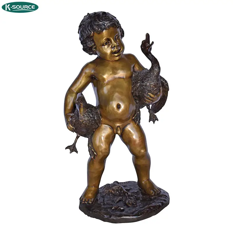 Sculpture en bronze moulé, art, pour garçon nu, deux canards, fontaine Statue en Bronze