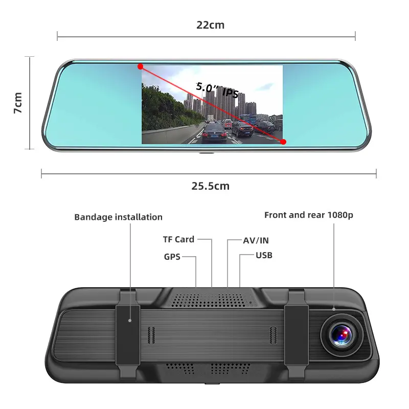 Cámara de salpicadero con pantalla táctil para coche, grabadora de vídeo dvr HD 1080P de 5,5 pulgadas para espejo retrovisor, color negro