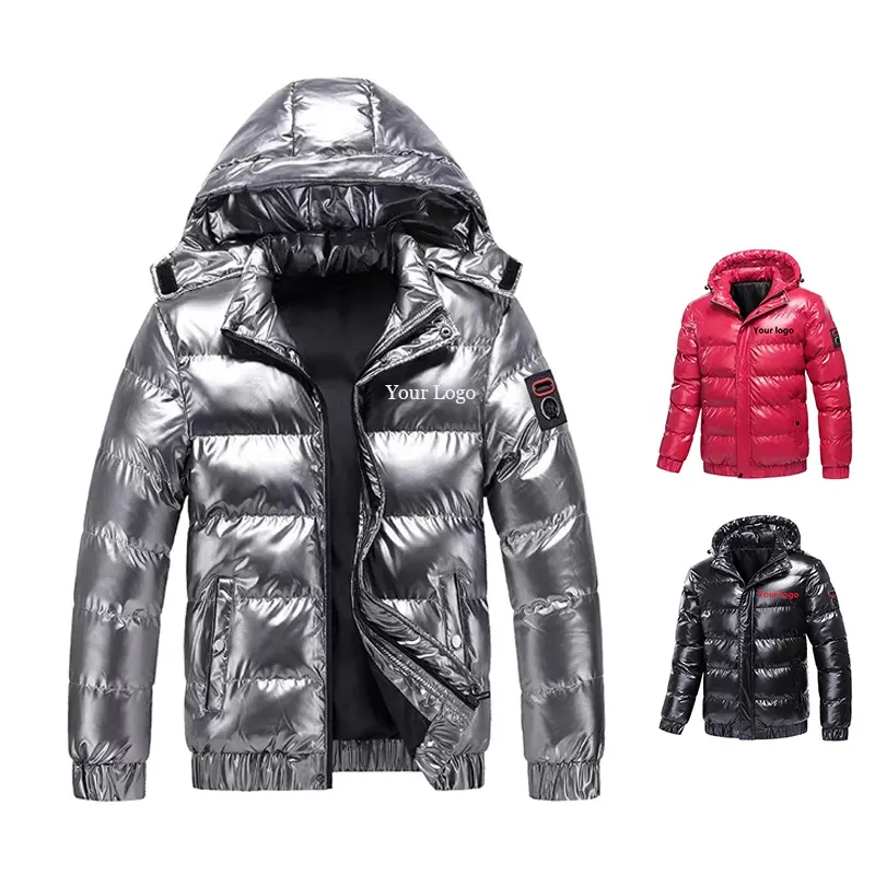 Men Bubble Coat Metallic Shiny Down Jackets Winter Alternative Jacket with Detachable Hood Shiny Short Bomber Coat Outerwear