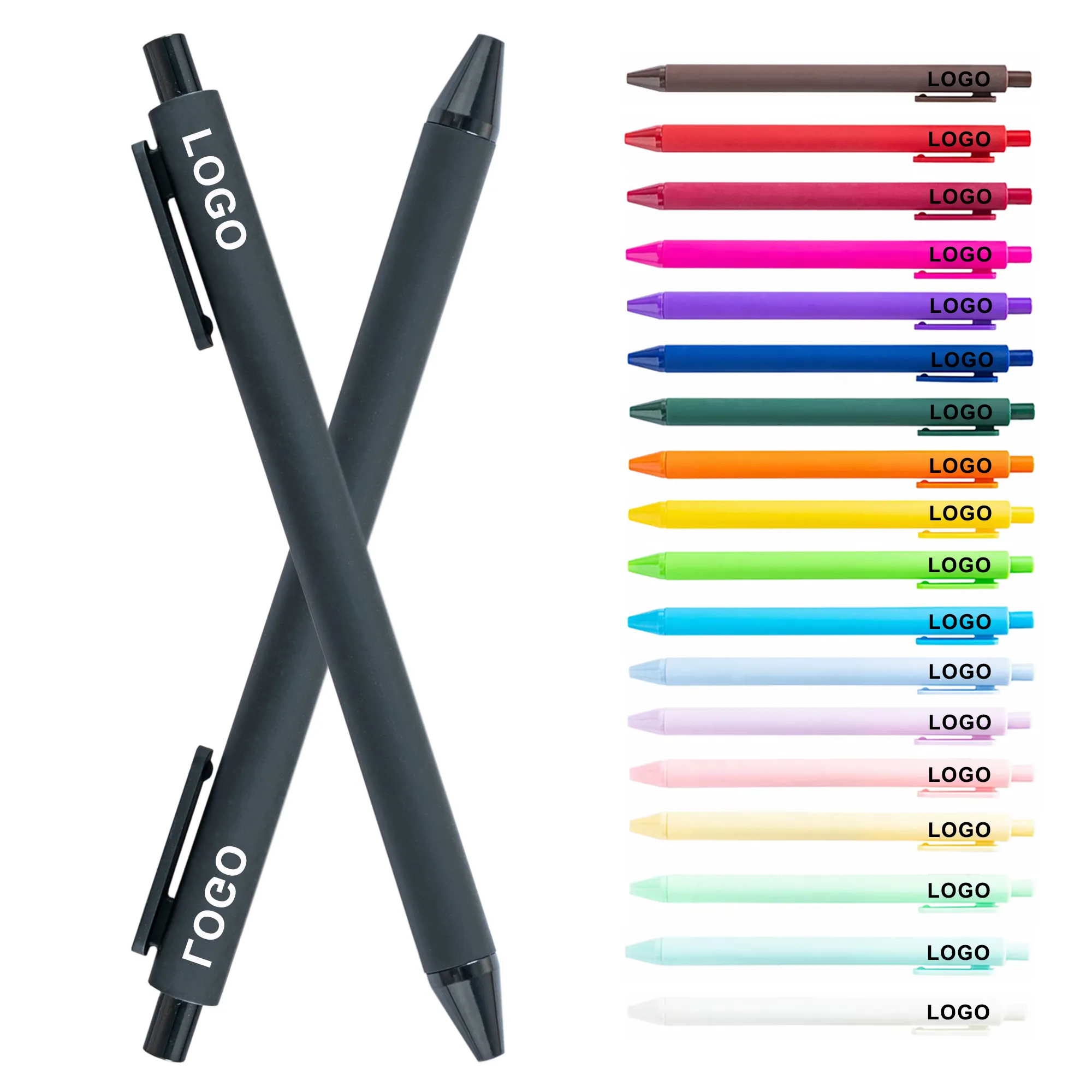 Los mejores bolígrafos recubiertos de goma multicolor baratos de plástico a granel con logotipo impreso personalizado retráctil OEM para papelería