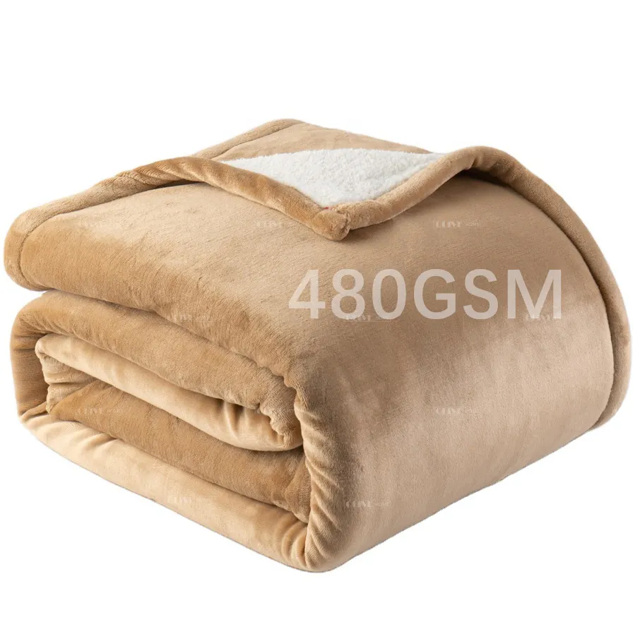 Lussuosa coperta da letto reversibile in pile Sherpa a doppio strato morbido e spesso morbido Color cammello 480GSM