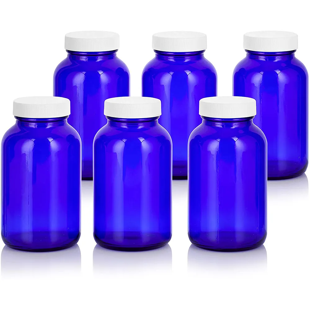 Kobalt Blauw 8 Oz Glas Verpakker Fles Met Witte Geribbelde Deksel 60Ml 120Ml 250Ml 500Ml Breed mond Fles Capsule Pil Tablet Fles