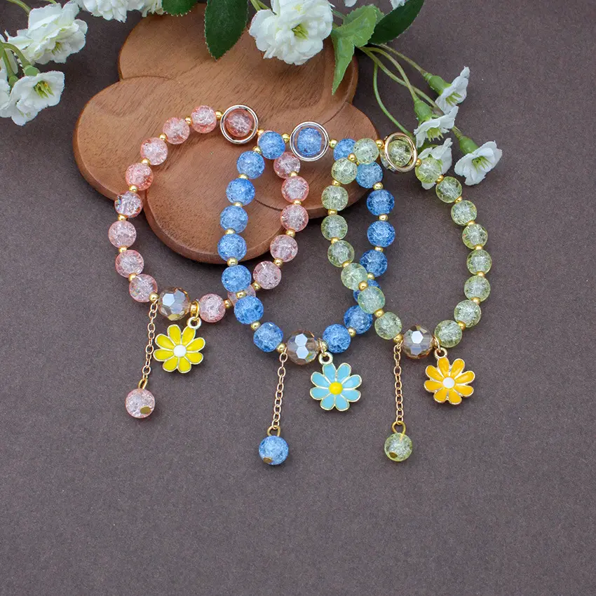 DIY flor pulseira colorido girassol cristal artesanal contas vidro corda elástica mulheres estudante sorte pulseiras jóias