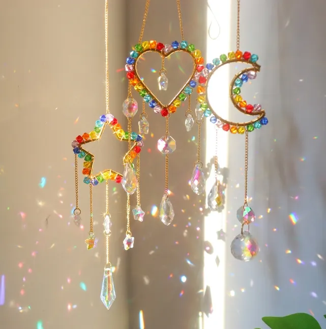 Sun Catcher di cristallo soggiorno decorato con perline a punta multicolor AB cerchio d'oro multicolore pentagramma luna Love