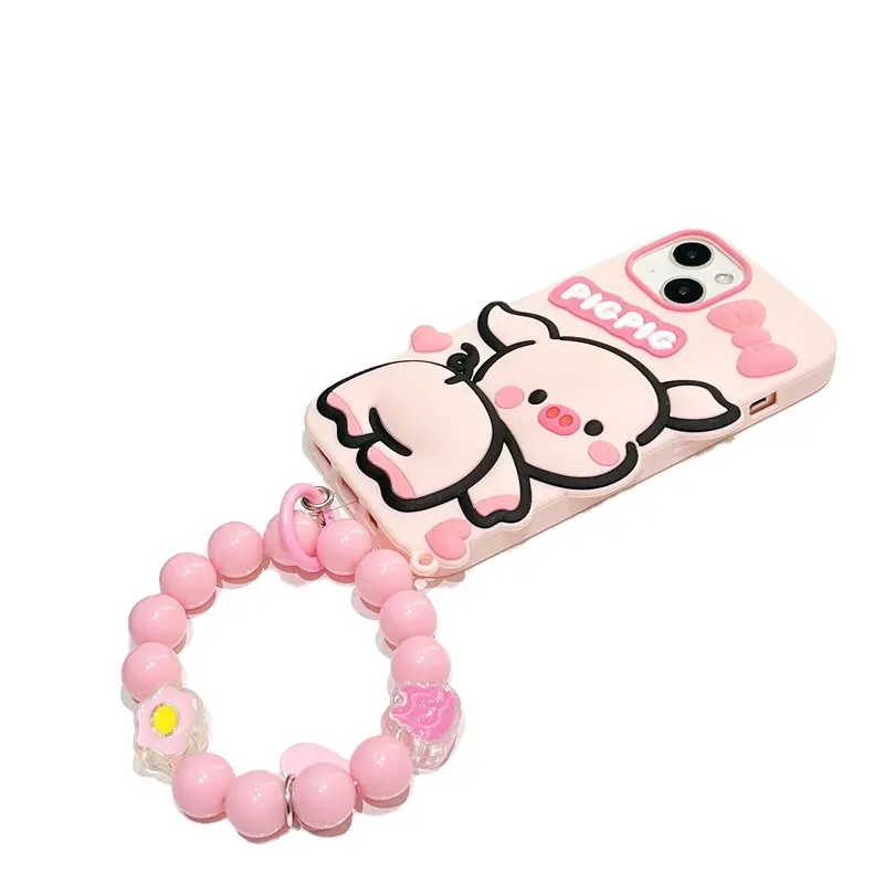 Bonito estereoscópico 3D Piggy Pattern Phone Case com grânulos acrílicos Cadeia Shockproof Silicon Phone Case personalizado