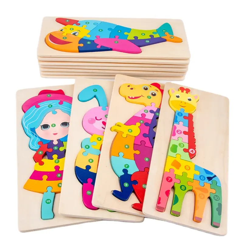 TS grande cartone animato in legno animale Puzzle con fibbia con carta Puzzle cognitivo digitale per bambini Puzzle in legno personalizzato animale