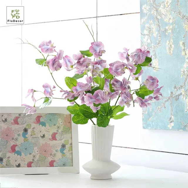 Vente en gros soie artificielle de haute qualité imprimée en 3D, pois de senteur, fleur rose et violette pour décoration de table d'hôtel et de maison de mariage