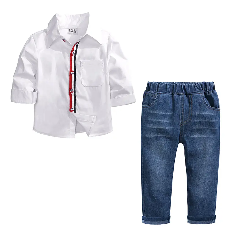 Novas roupas de crianças meninos frescos crianças usam camisa branca azul denim jean calças conjunto de roupas meninos 2pcs outfits